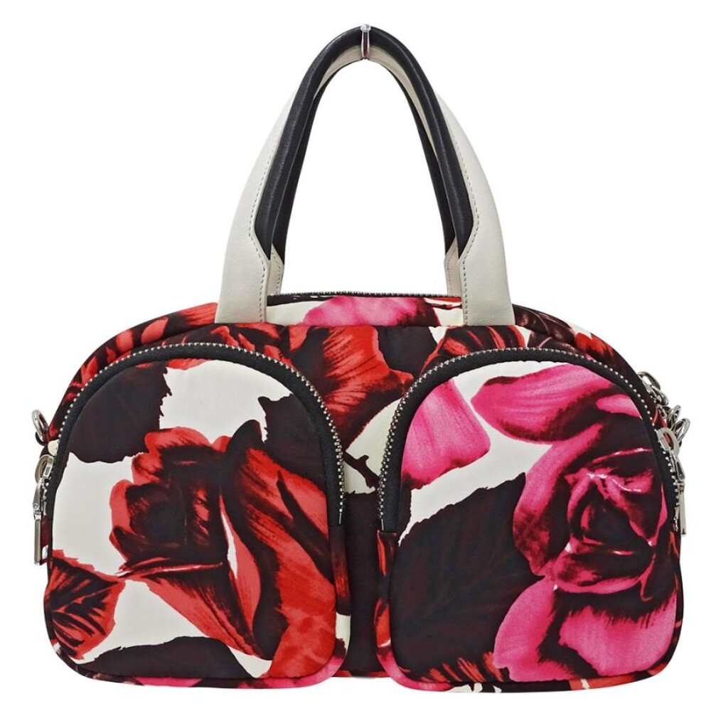 Prada Rose Nylon Handbag Tote Bag Zip Flowers Pockets Red Pink Black Purse NEW - Picture 3 of 6